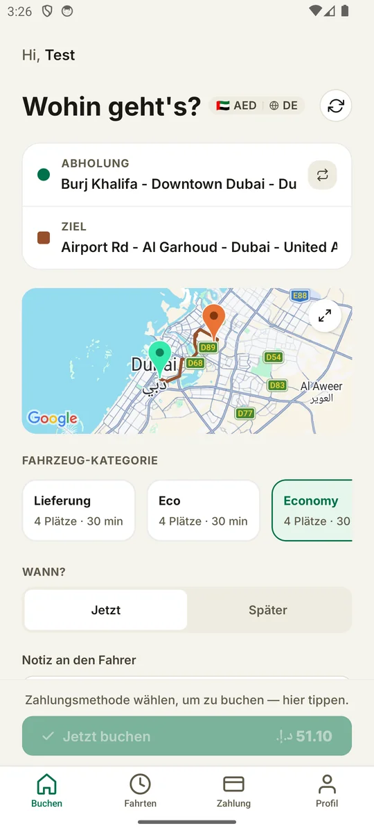 Emaride-App: Fahrt mit Abhol- und Zieladresse anfragen