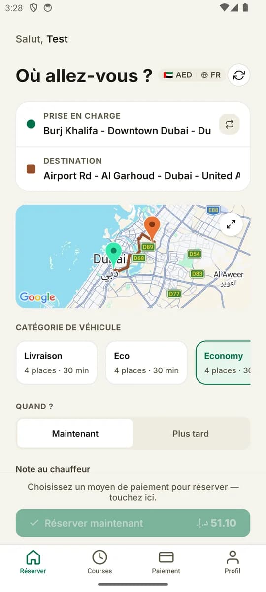 Application Emaride : demander une course avec départ et destination