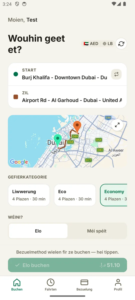 Emaride-App: Fahrt mat Ofhuel- an Zieladress ufroen